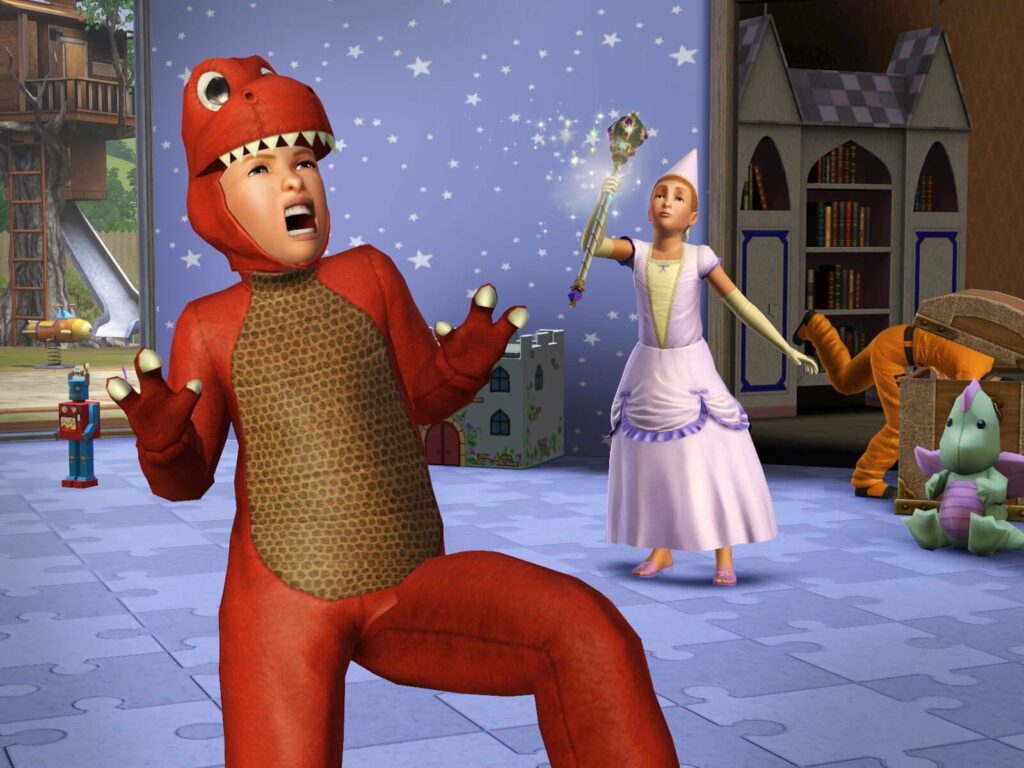 Enfants déguisés en dinosaure et princesse jouant.