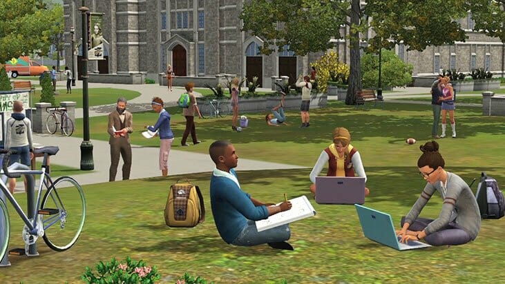 Étudiants sur campus universitaire virtuel.