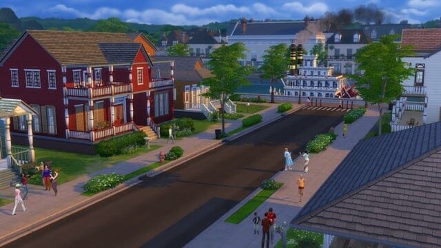 Quartier résidentiel animé dans Les Sims.