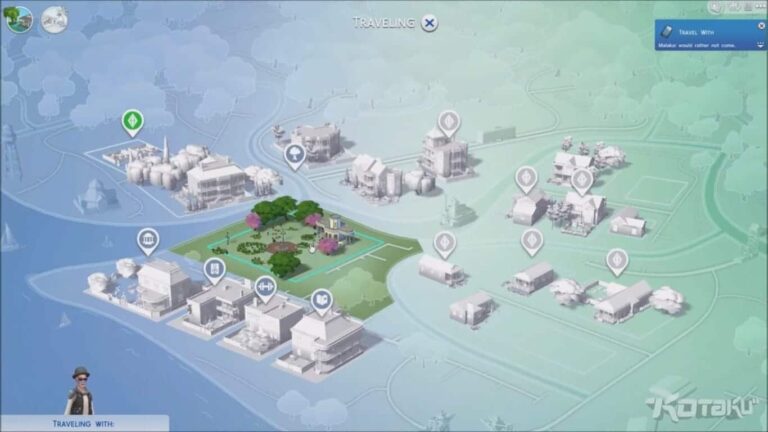 Interface du jeu Les Sims avec carte et icônes de villes.