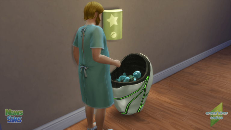 Simette vista trasera con cuna futurista y bebé.