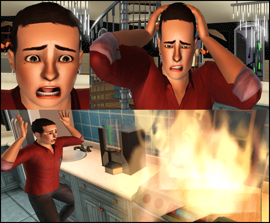 Sims paniqué devant feu de cuisine.
