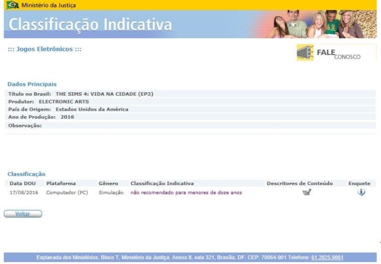 Screenshot of Classificação Indicativa jogos website
