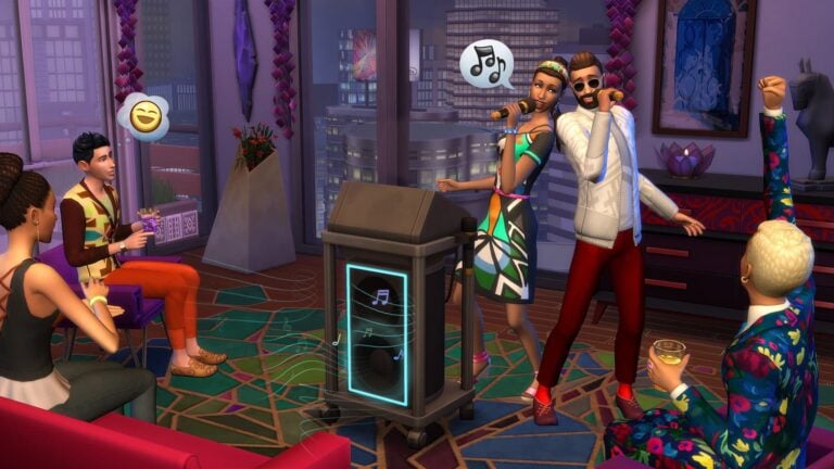 Sims singing karaoke.