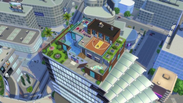 Vista aerea di una città virtuale con terrazza sul tetto.