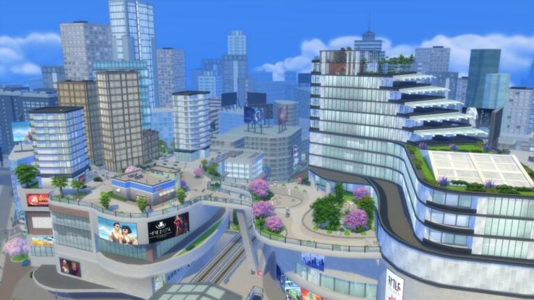 The Sims' futuristic cityscape.