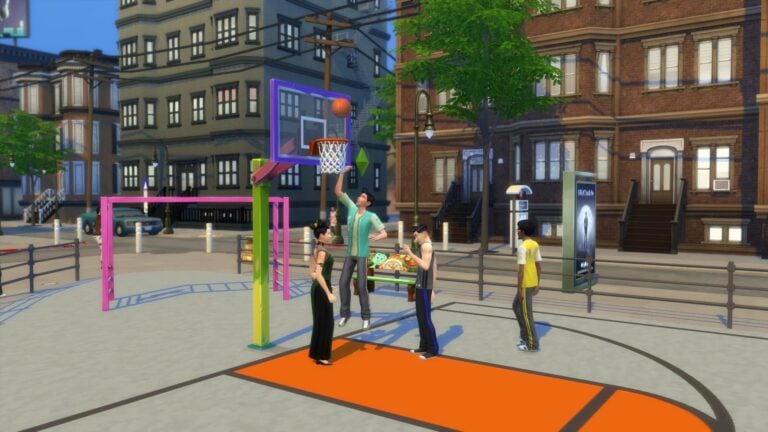Sims jouant au basket en ville.