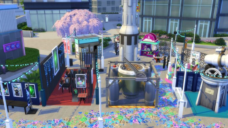 Festival technologique coloré en Sims.