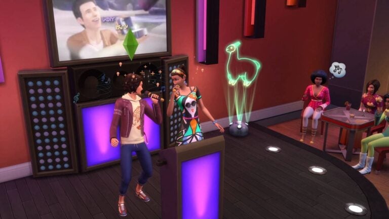 Scène de karaoké dans Les Sims.