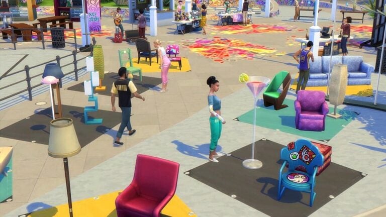 Marché coloré dans Les Sims.