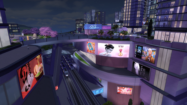 Ciudad futurista de noche con publicidad iluminada.