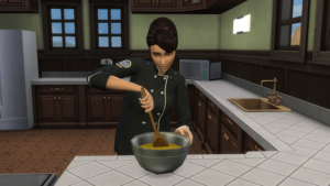 Sims cuisinant dans une cuisine équipée.