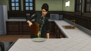Sims faisant sauter une crêpe.