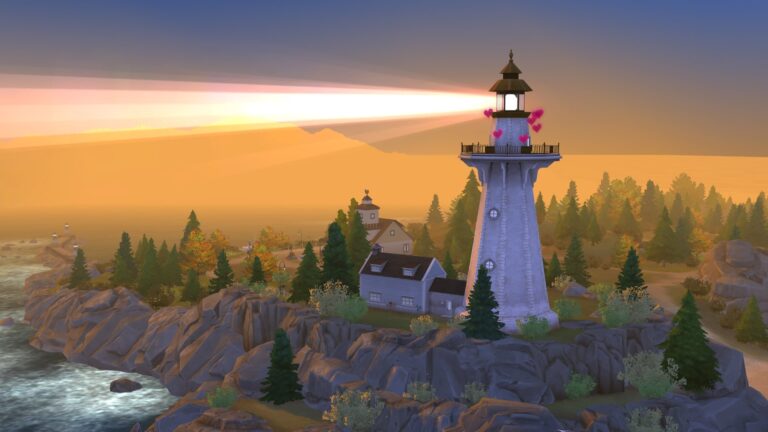 Phare au coucher de soleil en Sims.