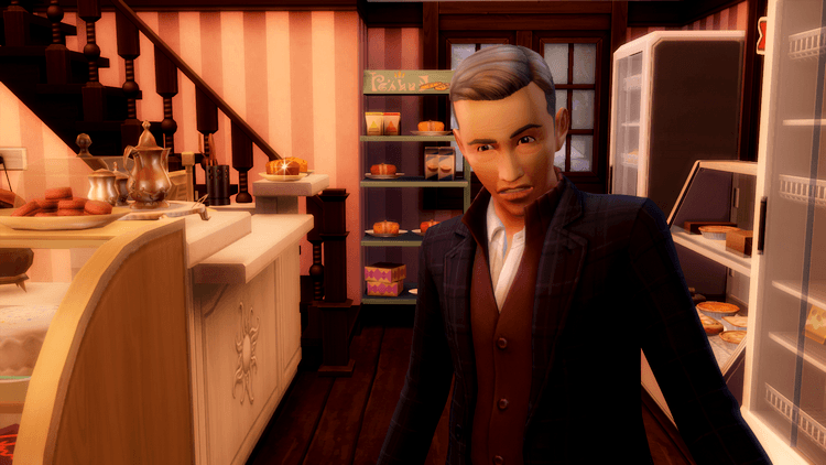 Sims souriant dans une pâtisserie cosy.