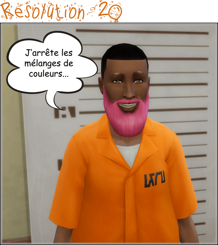 Sims souriant avec barbe rose et bulle de texte.