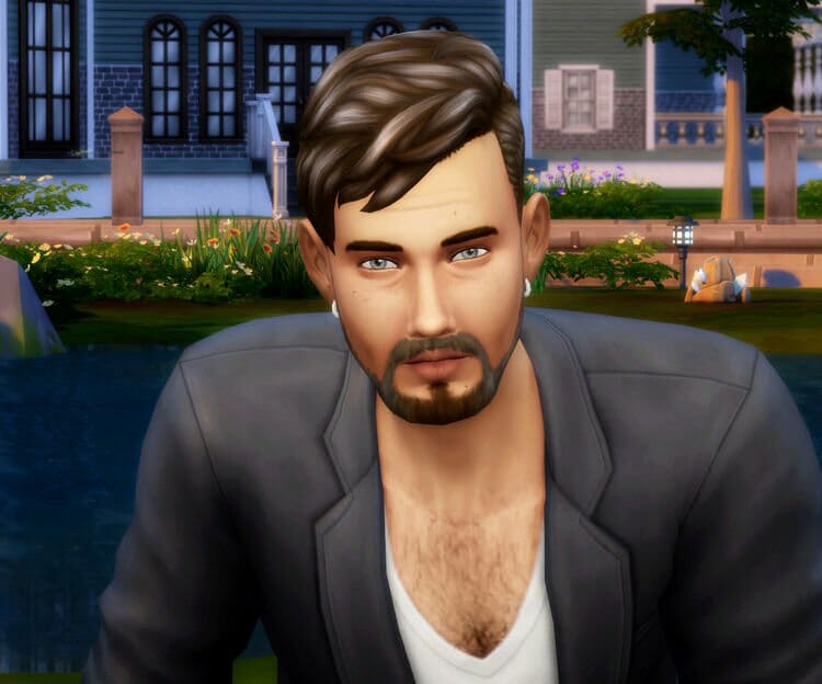 Sims à la barbe devant maison virtuelle.