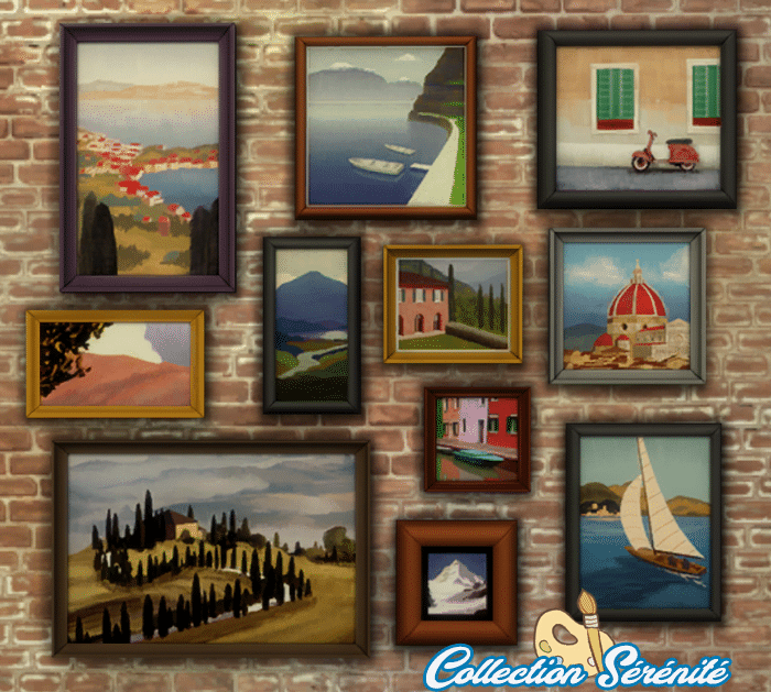 Galerie de tableaux de paysages sur mur de briques.