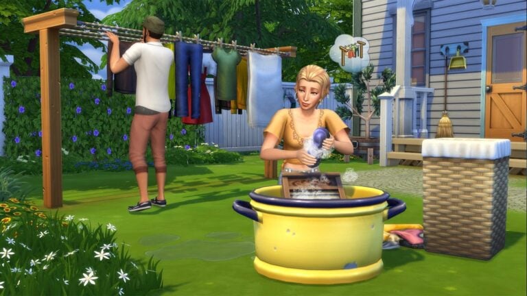 Sims lavant et étendant du linge.