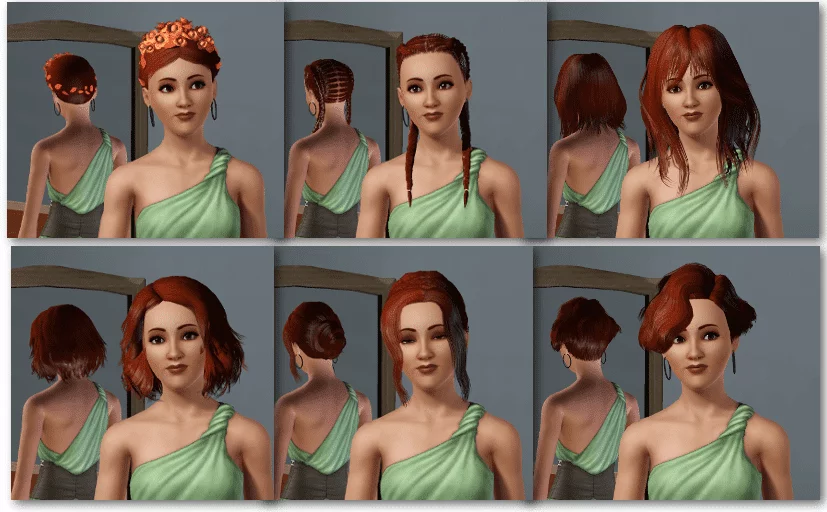 Six coiffures différentes pour personnage féminin.