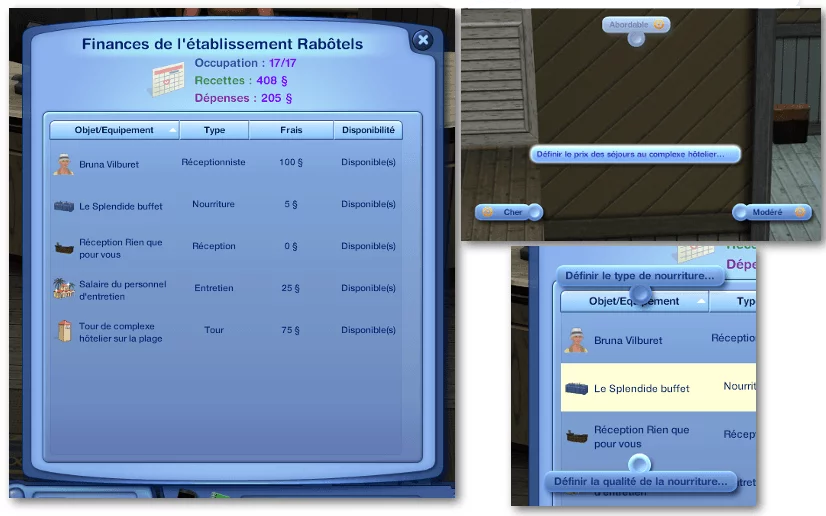 Finances hôtel Sims 3 Ile de Rêve
