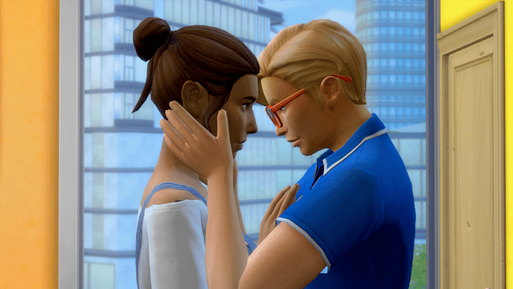 Two Sims tenderly embracing.