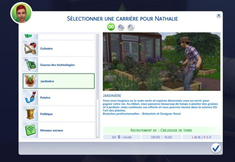 Interface du jeu Les Sims choix carrière jardinière.