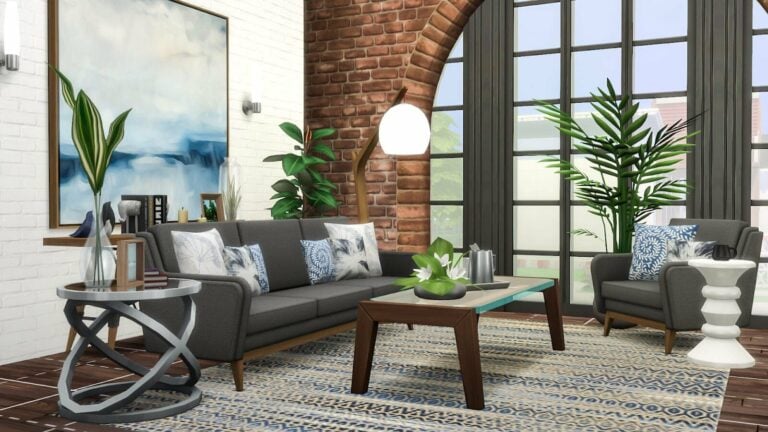 Salón moderno y luminoso con plantas y sofá.