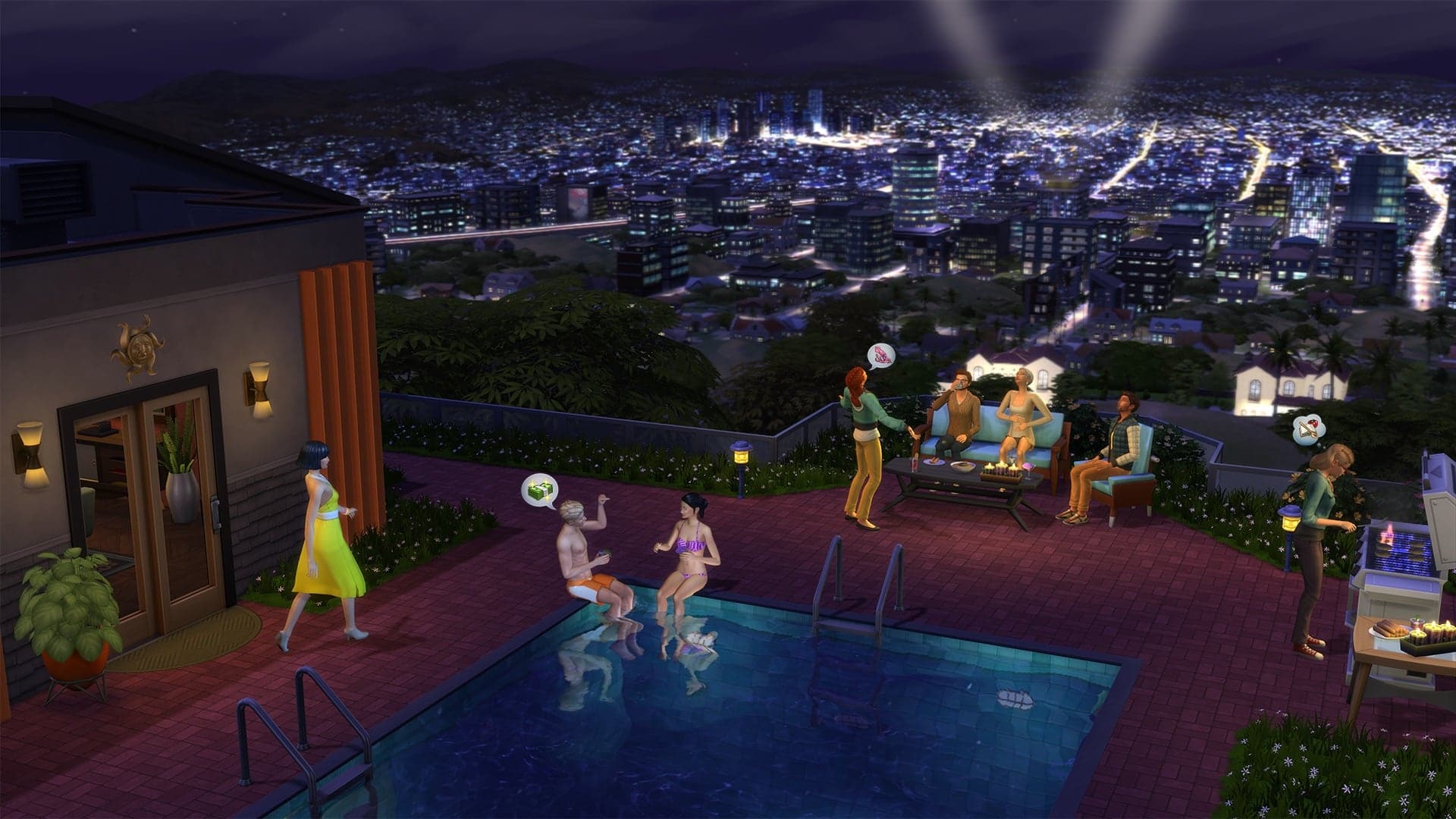 Soirée piscine avec amis, ville nocturne en fond.