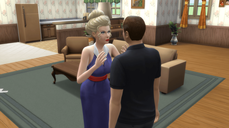 Deux personnages discutent dans un salon dans Les Sims.