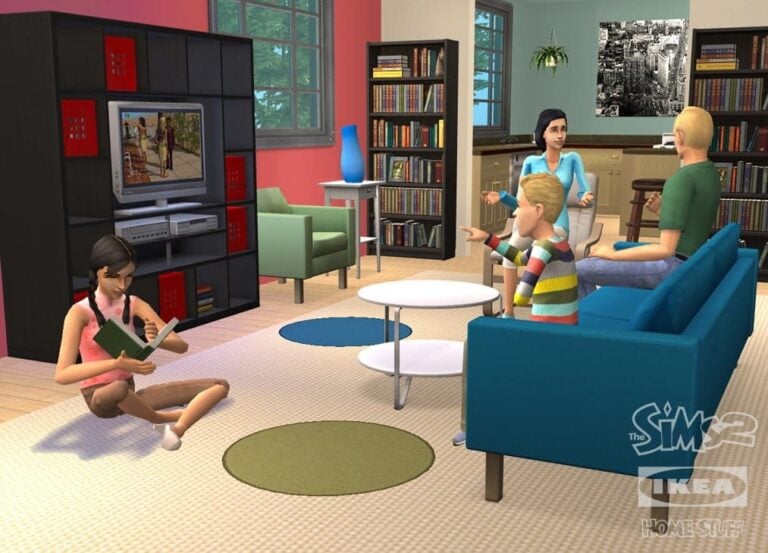 Scena di famiglia nel salotto di un Sims.