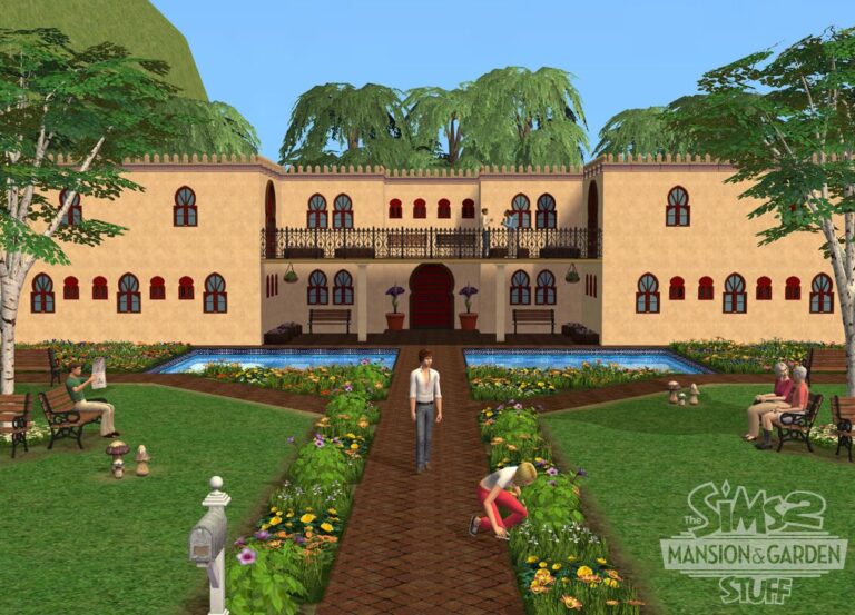 Maison  Sims, jardin fleuri, personnages interactifs.