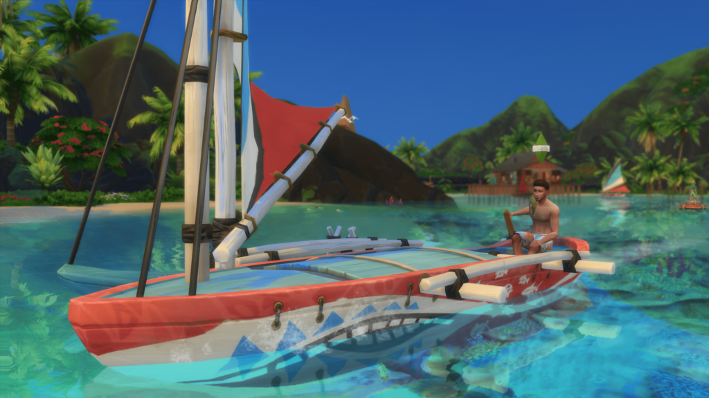 Sims sur un bateau à voile tropical.