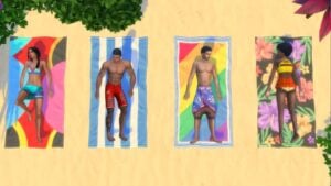 Sims en toallas en la playa.