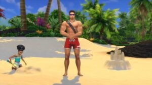 Sims en una playa tropical con un castillo de arena.