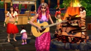 Scène de fête avec musique dans Les Sims 4.