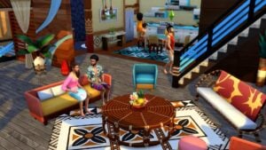 Colorful Sims interior with characters.