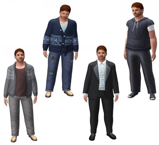 Quatre Sims masculins des Sims.