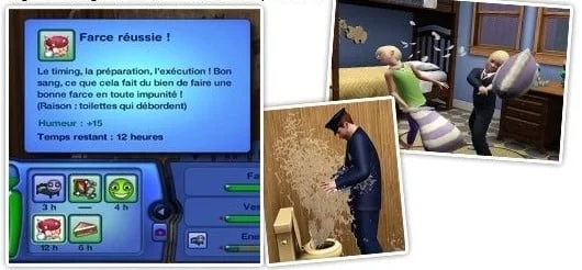 Captures d'écran d'un Sims avec farces réussies.