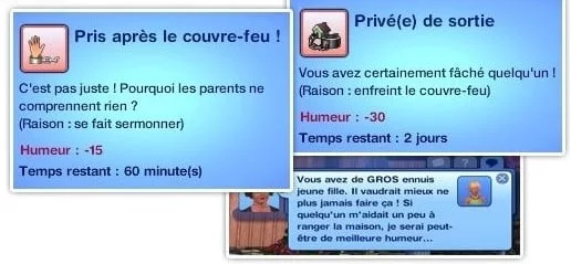 Captures d'écran d'un Sims avec dialogues humoristiques.