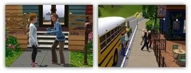 Scènes des Sims avec personnages et autobus scolaire.