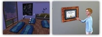 Intérieur Sims, personnage présentant un tableau.