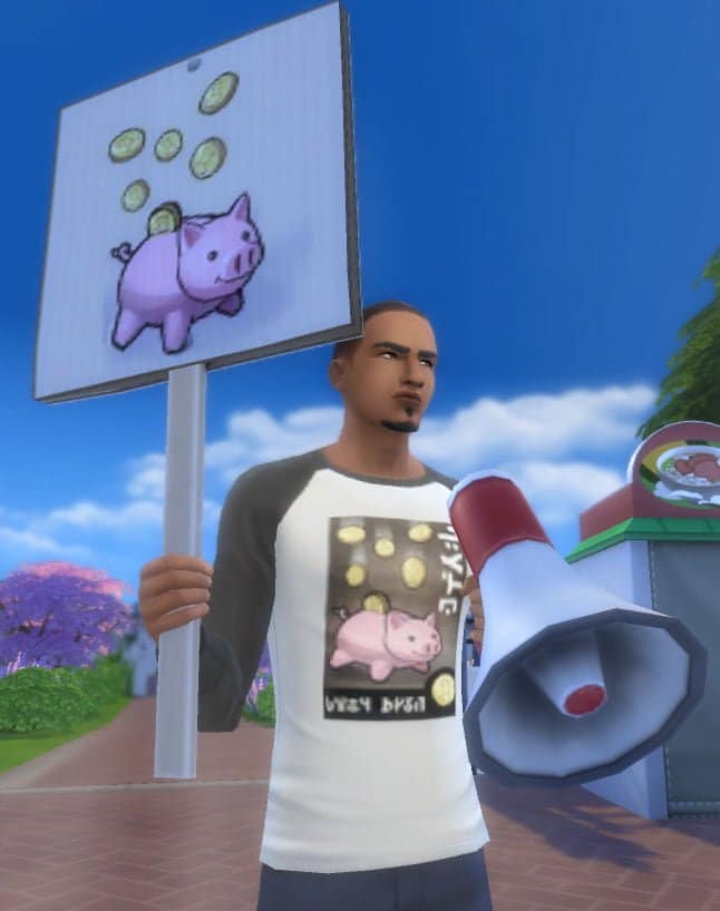 Sims tenant pancarte cochon tirelire dans Les Sims.