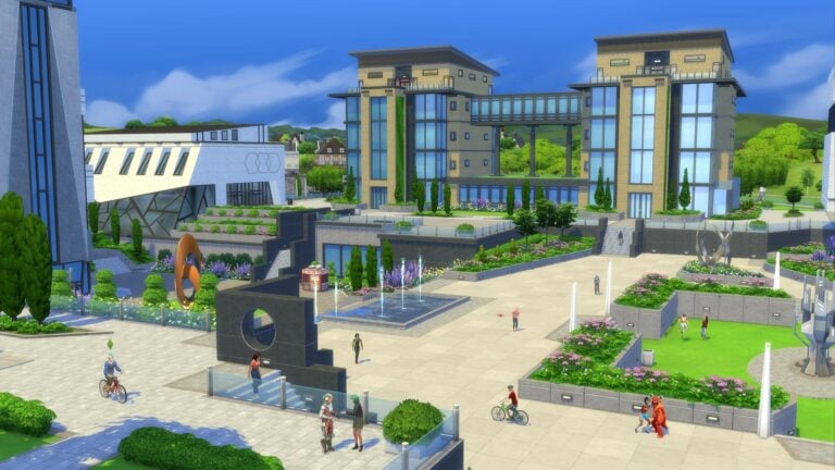 Campus universitaire animé dans Les Sims.