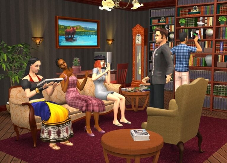 Sims in Wohnzimmer Bibliothek.