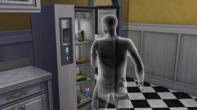 Sims devant réfrigérateur ouvert.