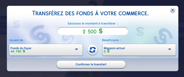 Transférer fonds commerce sims 4 au travail