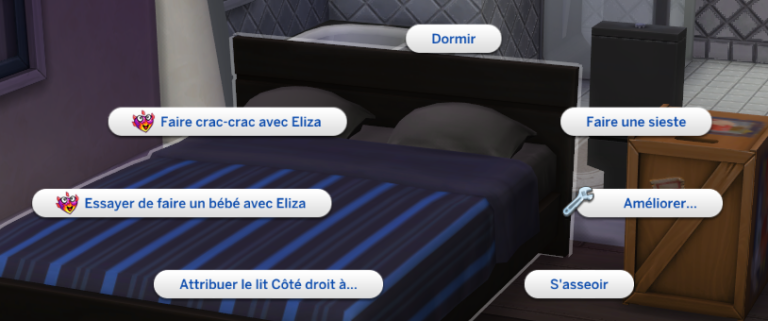 Interfaz Sims con opciones de cama.