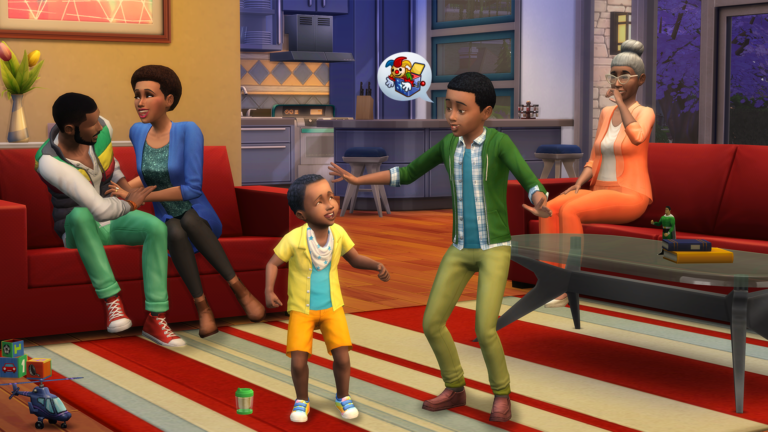 Famille des Sims dans salon.