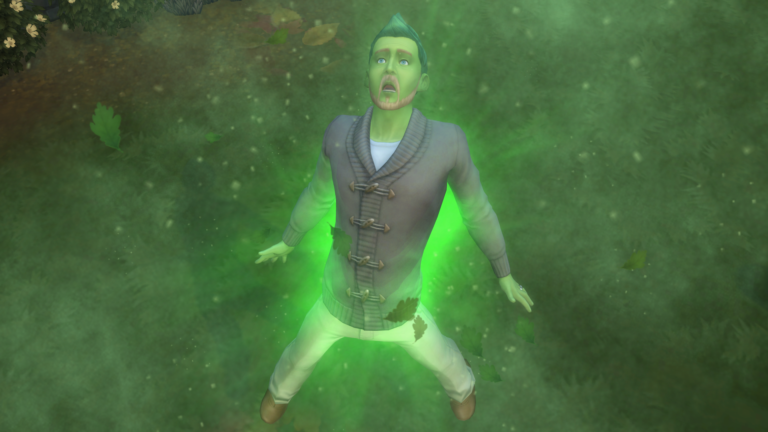 Sims überrascht mit grüner Aura in Die Sims.
